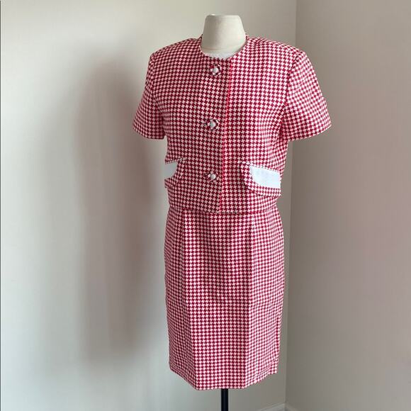 VINTAGE Houndstooth Dress Set  Womens Sz 10 Red and White Sheath Cropped Jacket - Picture 1 of 9